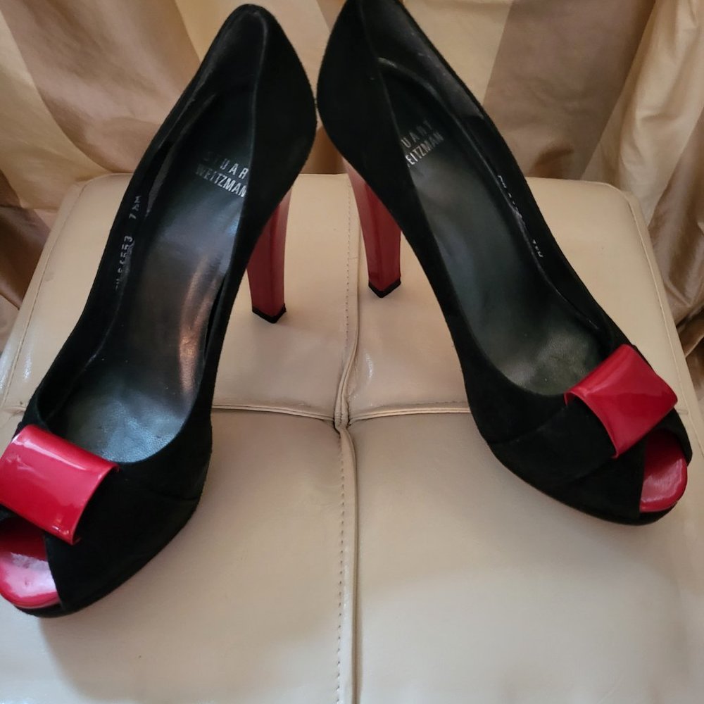 Stuart Weitzman Patent And Suede Peep Toe Platfor… - image 3